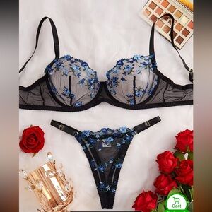 Black and Blue Floral Lingerie Set